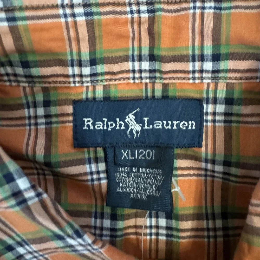 NWT Ralph Lauren Orange Plaid Short Sleeve Button Down Shirt Boys Size XL‎